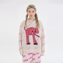 INSNLASIA 21AW original Pink Elephant full print sweater lazy Tide brand Super pink round neck sweater