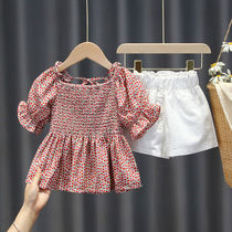 Girls Net red suit summer foreign style Korean version of small fresh female baby floral short-sleeved shorts Childrens clothing girls fashion