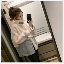 Tide brand 2021 autumn and winter new womens denim lapel stitching cashmere coat loose Lamb hair short cotton coat