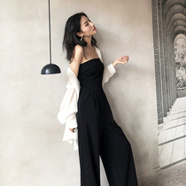 Myths Miracle bandeau jumpsuit womens one shoulder thin high waist temperament Black fashion wide leg pants thin