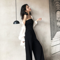 Myths Miracle bandeau jumpsuit womens one shoulder thin high waist temperament Black fashion wide leg pants thin