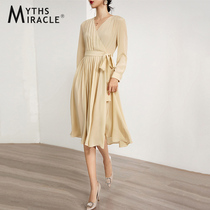  Myths Miracle Silk Long-sleeved Dress Autumn Tea Break Skirt Lace-up waist Mulberry Silk French long Skirt