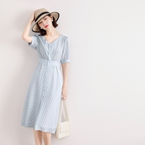 LOSTSOULS Japanese elegant V-neck silk dress Single-breasted high-waisted thin temperament A-line polka dot skirt