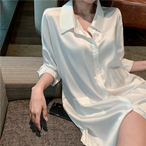 Ice Silk Sleepwear Woman Spring Autumn New Sexy Boyfriend Wind White Shirt Sleeping Skirt Summer Thin Snowspinning Extractable Shirt