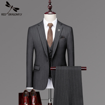 Red Dragonfly suit suit male wedding Korean three-piece suit groom best man group dress fashion slim meeting suit