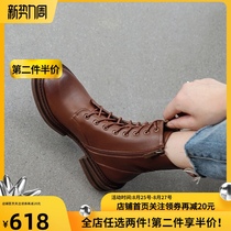  Brown Martin boots womens thick heel 2021 new autumn and winter mid-tube boots rub color lace-up retro British fan car boots