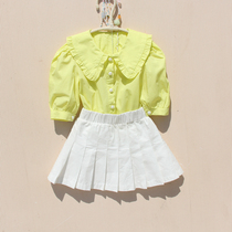 2022 Korean version of girls pure color baby turned over summer foreign air doll shirt child blouses cotton lining summer princess sleeve