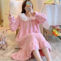 Winter nightgown Lady Princess autumn and winter thick plus velvet long sleeve pajamas set can be worn outside the long nightgown