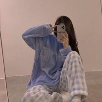 Korean pajamas female winter flannel plus velvet thickened coral velvet net red wind loose can wear home suit