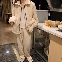 Korean coral velvet couple pajamas women autumn and winter thickened plus velvet warm flannel plush home clothes can be worn outside women