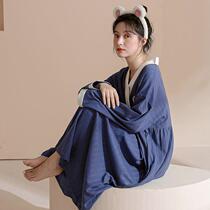 Autumn nightgown women cotton long sleeve cartoon cute Japanese kimono super long knee loose girl autumn and winter dress