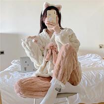 Coral velvet pajamas womens autumn and winter thickened velvet 2021 New cute lace princess style home suit