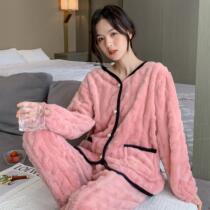 New pajamas womens winter thick coral velvet spring and autumn cardigan large size flannel home clothing plush warm set