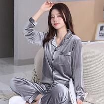 Golden velvet pajamas Womens Spring and Autumn Winter foreign womens long sleeves can be worn outside home clothes two-piece suit