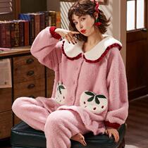 Lady autumn and winter flannel pajamas long sleeve thick pink princess style set students sweet and lovely home clothes