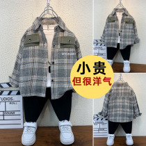 Boy Spring Dress Shirt 2022 New Ocean Air Korean Version Trendy Children Spring Autumn Season Baby Fashion Plaid Shirt Tide