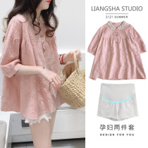 Pregnant womens coat summer shirt doll shirt summer thin chiffon shirt maternity summer suit two-piece summer
