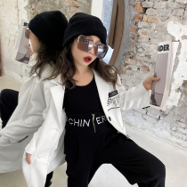  Girls  silhouette blazer 2021 autumn new Zhongda childrens Hong Kong style retro western style all-match top suit trend