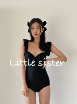 (little sister) pure black square neck low-cut slim swan neck wrapped hip triangle swimsuit