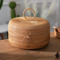 Rattan storage box with lid fruit basket fruit plate retro rural living room desktop simple tea table storage box rattan basket