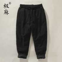 Extreme hemp national tide elastic waist Ramie retro cotton linen white duck down pants mens casual warm linen trousers tide