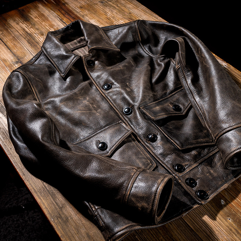1920 American retro old tea heart layer pure cowhide mens leather leather motorcycle leather jacket Autumn and winter jacket