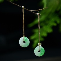 s925 silver inlaid emerald green buckle long style female atmosphere 100 hitch jade fresh retro ear line ear pendant