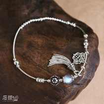 925 sterling silver retro tassel anklet female summer niche ancient Moonstone wishful Abacus silver anklet silver jewelry