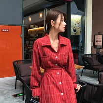 European station 2021 autumn new plaid coat womens ins retro waist loose knee long dress women