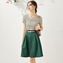 European station 2021 summer new suit women slim thin striped knitted top a word umbrella skirt two-piece set