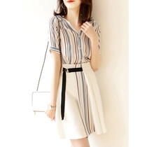 European station 2021 summer New temperament chiffon professional suit female fashion slim striped dress two-piece set