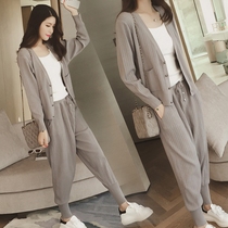 European Station Fall Suit Womens Ocean Korean Version Casual Fashion Loose Temperament Knitted Cardiovert Kharen Pants Two Sets