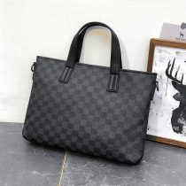 Hong Kong leather mens Hand bag file bag casual computer bag briefcase Plaid leather shoulder bag tide