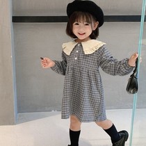 Girls spring and autumn dress foreign style plaid skirt 2021 autumn new female baby Korean version of large lapel princess skirt