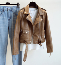 European station leather coat women's short 2021 spring and autumn new slim slim motorcycle suit brown jacket
