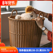 Pastoral style Japanese plastic rattan straw woven dirty clothes storage basket household dirty clothes basket woven laundry basket
