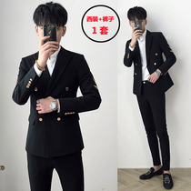  High-end sense fried street suit mens suit spring and autumn slim-fitting double-breasted embroidery single Western nightclub hair stylist Ruffian handsome set