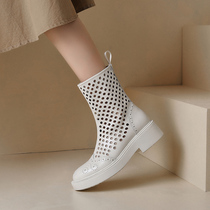 Inlen Wind Short Boots Female Summer Hollowed-out Genuine Leather Boots Comfort Soft Bottom Womens Boots Carved Flat-bottomed Dongle Boots 100 Hitch Boots