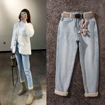 Jeans women loose 2021 Winter new light color high waist plus velvet slim stretch Harlan old man straight trousers
