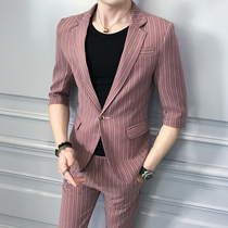 Summer ruffian handsome seven-point sleeve casual suit mens suit Korean slim mens striped suit two-piece 2021 new