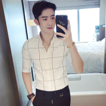 Plaid shirt mens short-sleeved slim summer mens casual mid-sleeve shirt Seven-point sleeve shirt advanced design Korean version