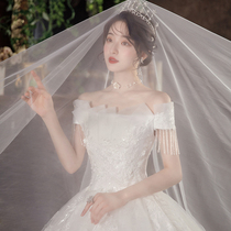 One-word shoulder light wedding dress 2021 New temperament main yarn bride Autumn and winter covering thick arm princess wedding dress