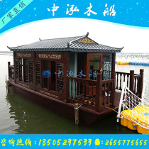  Wooden boat house Boathouse Water dining hall Antique sightseeing tour solid wooden multi-function hotel bed and breakfast painting boat