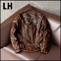 Tide brand Aramco-gay American vintage head leather fur coat male locomotive short stone grinding old coat