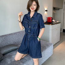 Denim jumpsuit women Summer thin European station 2021 New European fashion fashion tooling small jumpsuit shorts