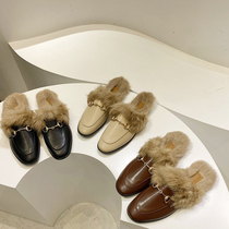 Mao Mao shoes women winter outside wear 2021 New British small leather shoes flat rabbit fur slippers Net red Muller Baotou Half Drag
