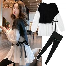 Pregnant womens clothing spring clothing fashion fake two long sleeves blouses spring and autumn money net red ocean gas suit small sub two-piece set
