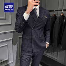 Romon suit mens suit double-breasted striped mens suit British slim business formal dress groom wedding dress
