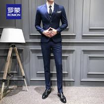 Romon suit suit mens business casual mens suit three-piece Korean slim-fit striped professional formal suit groom