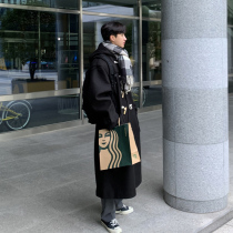 Bishe mens cashmere coat long knee hooded woolen coat mens loose woolen cloth trench coat coat horn buckle